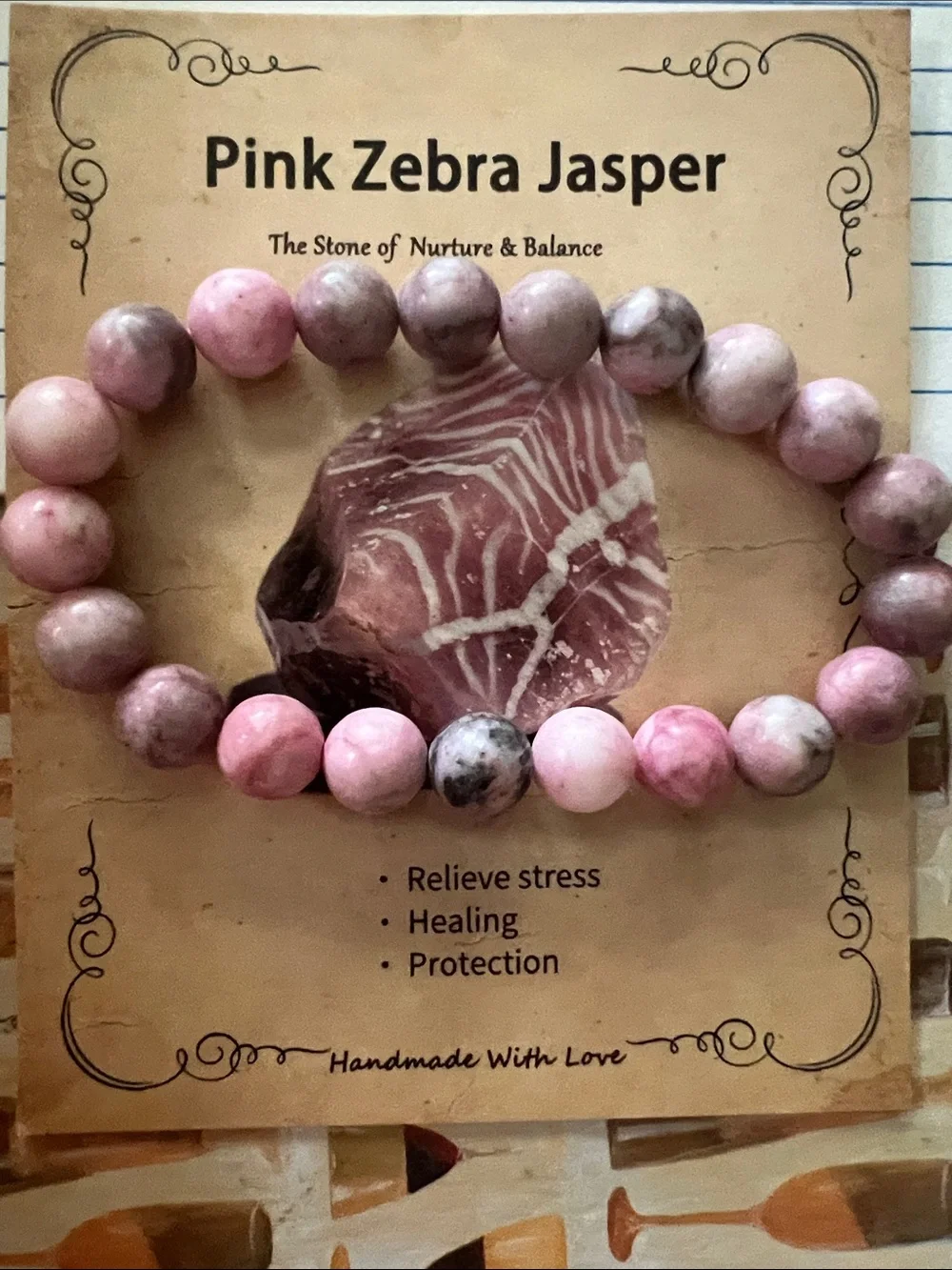 #2951**Pink Zebra Jasper Beaded Stretch Bracelet - Pink